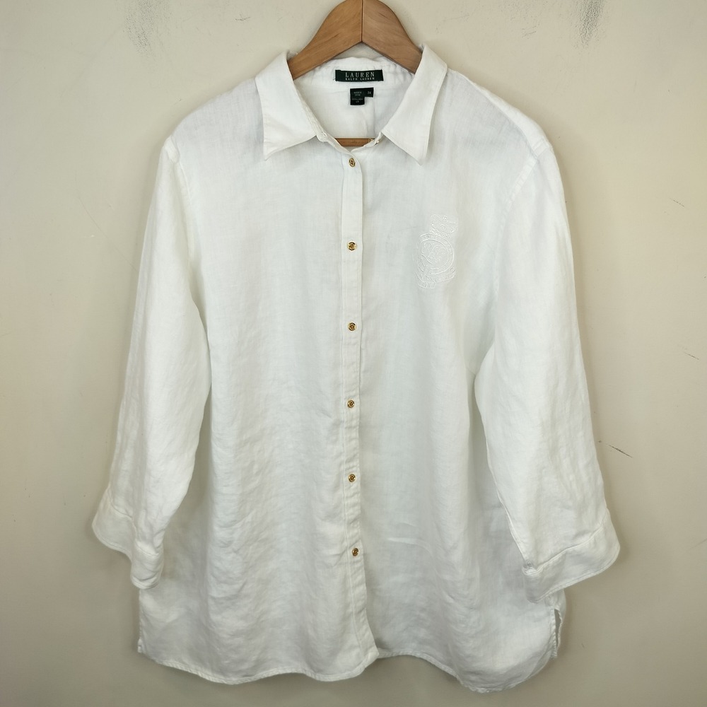 Lauren Ralph Lauren Linen Button Down Shirt 3X Crest Embroidery Preppy White